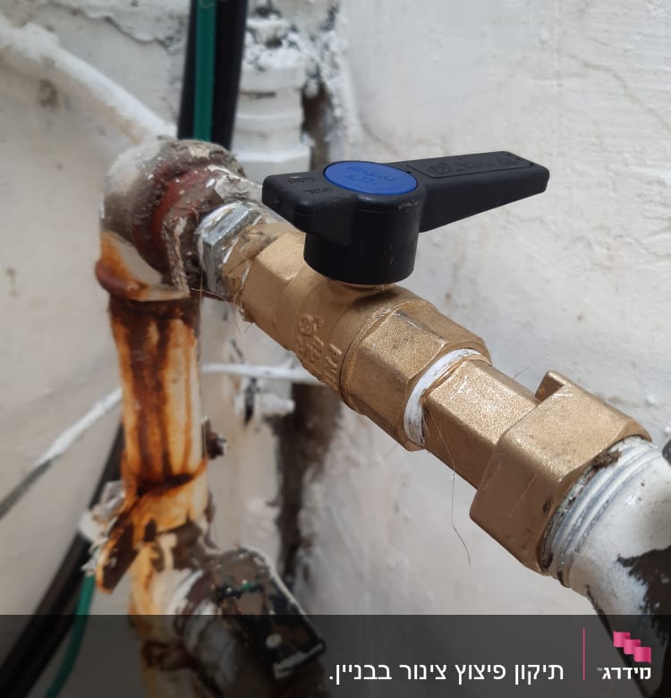 ברז פליז עם ידית שחורה על צינור חלוד